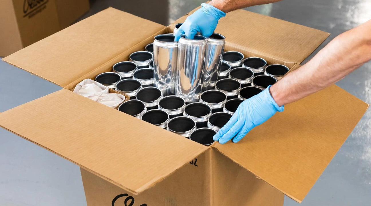 beer cans being boxed for shipping